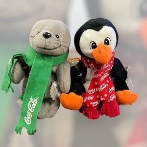 Collectible Set of 1998 Holiday Coca Cola Penguin & Seal Bean Bag Plush